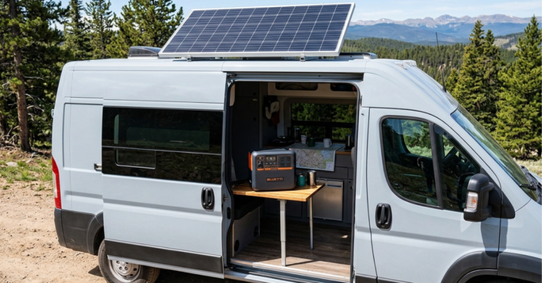 Furgoneta camper con panel solar en el techo y estación de energía portátil visible por la puerta abierta