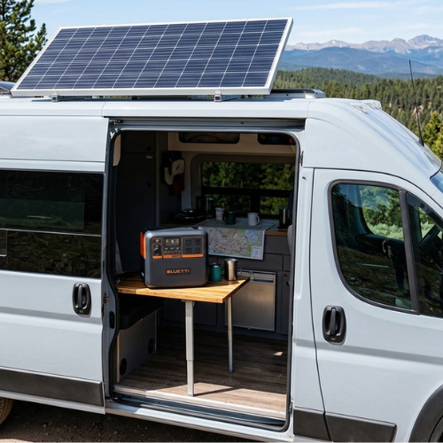 Furgoneta camperizada con panel solar en el techo y estación de energía portátil visible en su interior